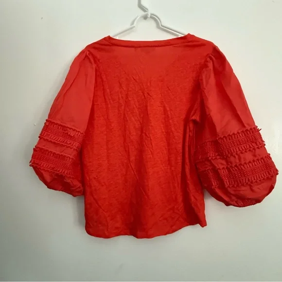 Chico's Vibrant Women’s Blouse Textured Sleeves 1 medium Coral Linen Beachy - Picture 2 of 9